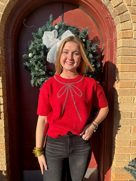 Beaded Bow Sweater Top